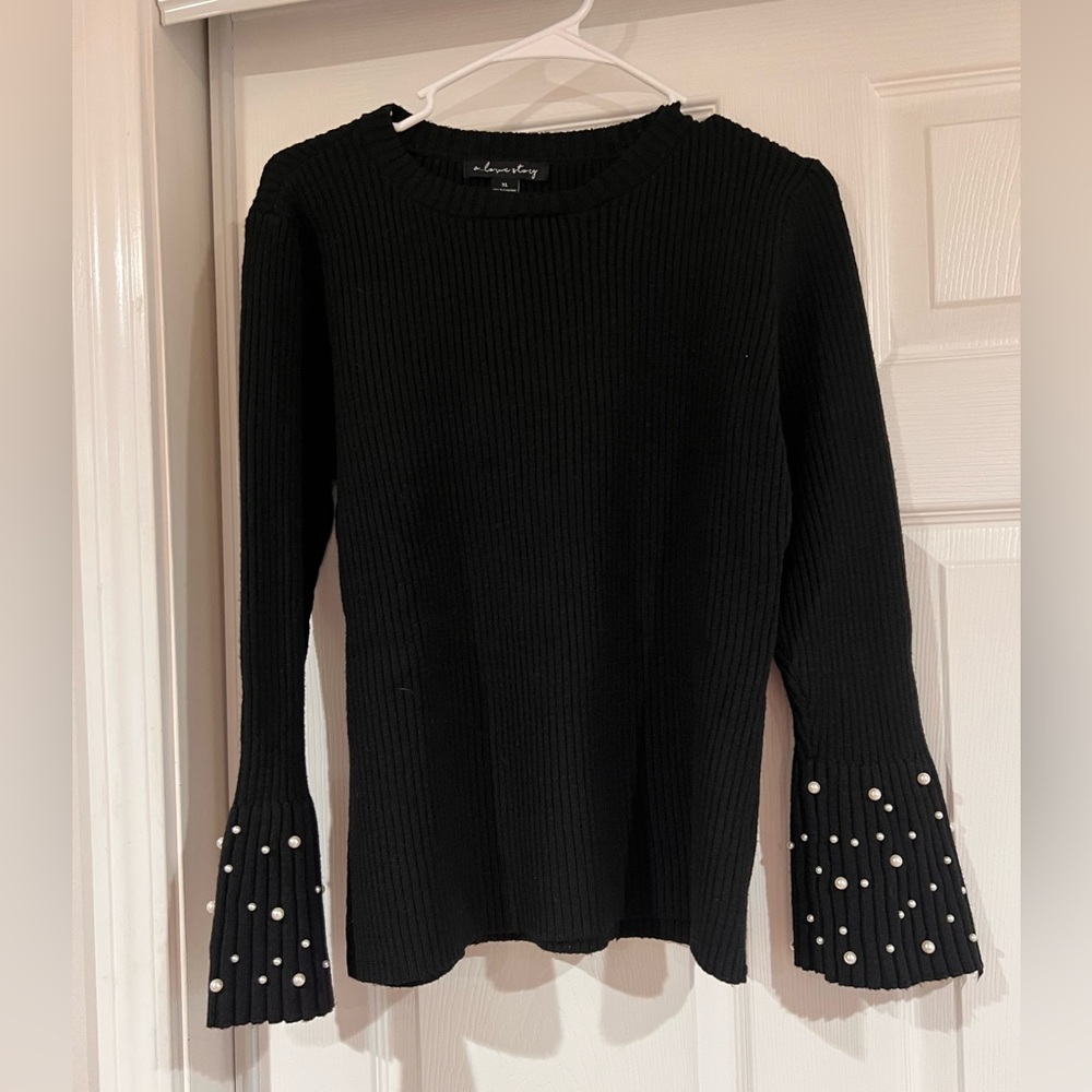 Women’s Black Ribbed Pearl-Sleeve Sweater